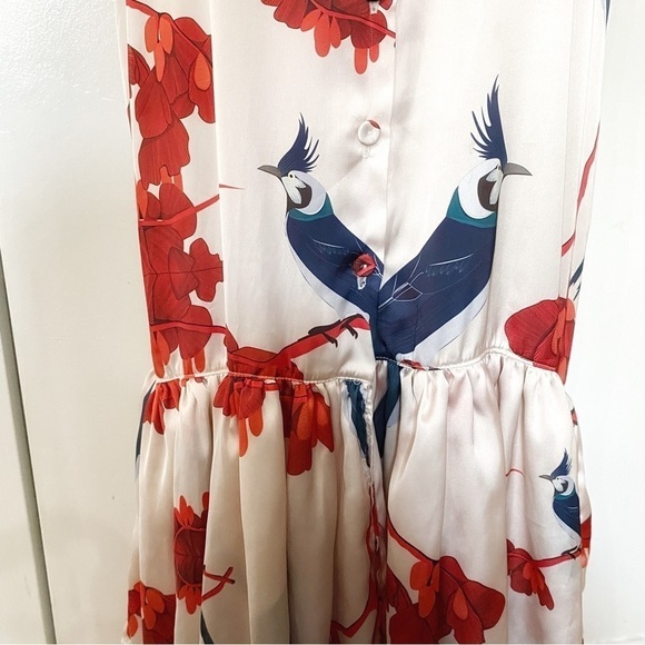 LOBO ROSA BOLERO KIMONO SATIN BIRD PRINT TIERED RUFFLE SHORT MAXI DRESS - S - Picture 6 of 11